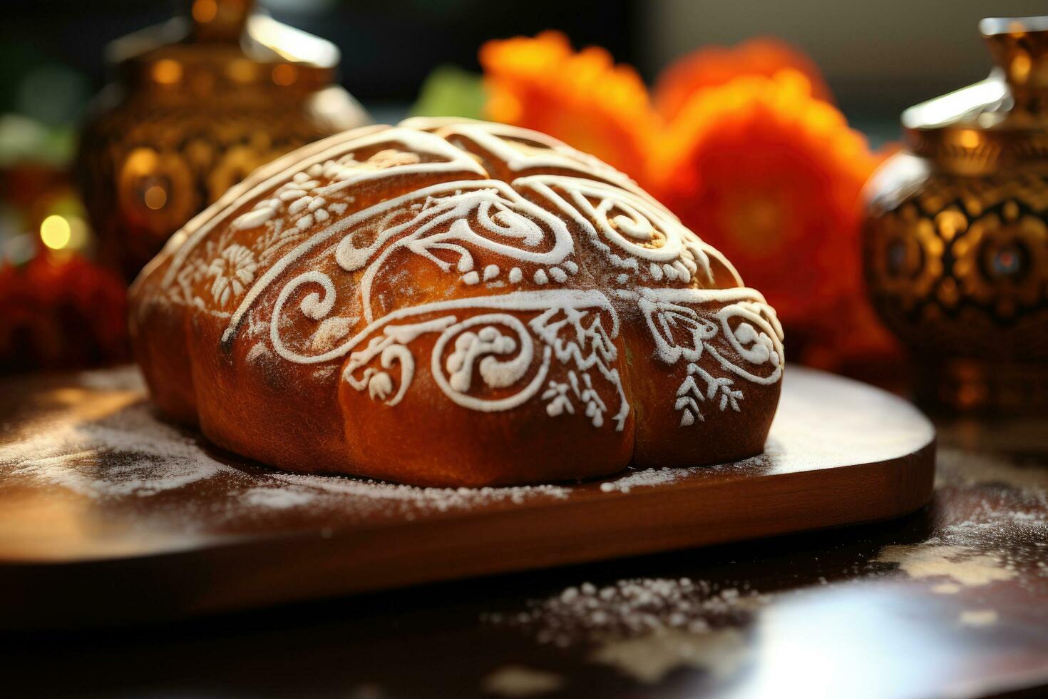 Freshly baked Pan de Muerto symbolizing the fragility of life in Day of the Dead celebration photo