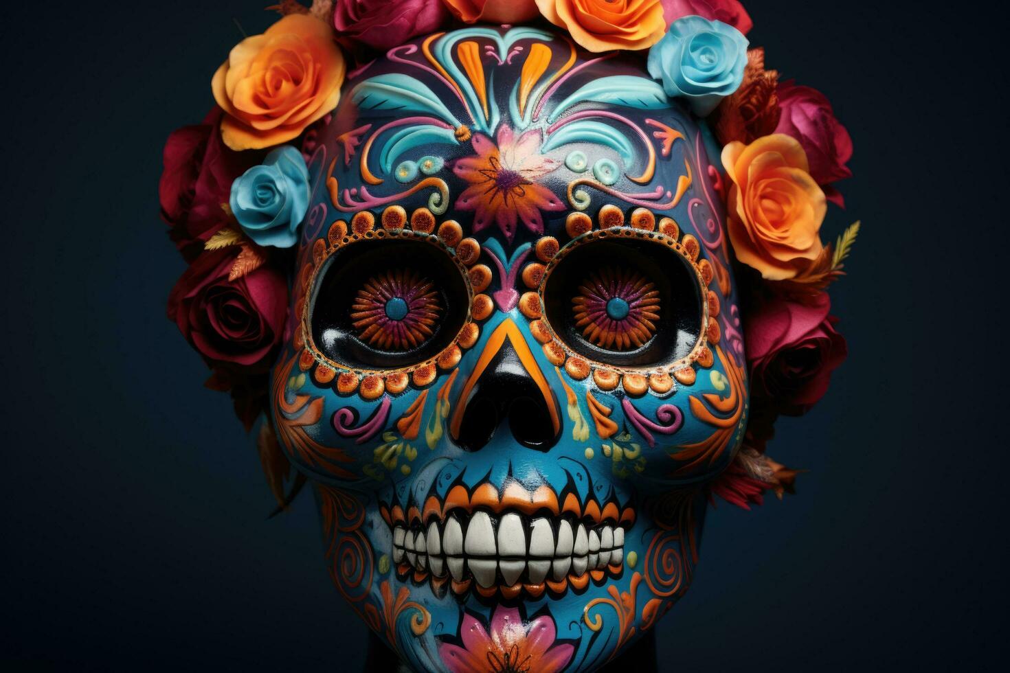 Vibrant sugar skull makeup portrayal for Day of the Dead isolated on a gradient background photo