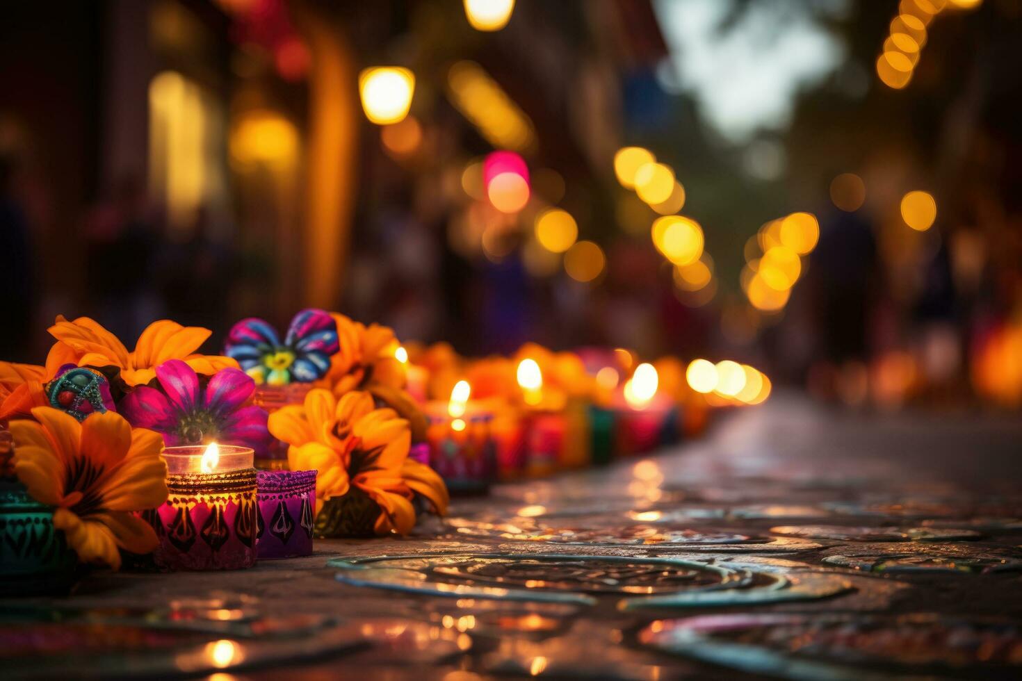 Candlelit path during Day of the Dead festivity background with empty space for text photo