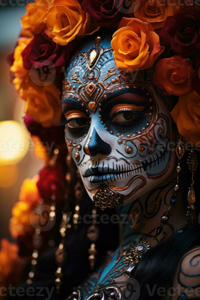 Woman adorned with vivid sugar skull makeup during Day of the Dead festivity photo