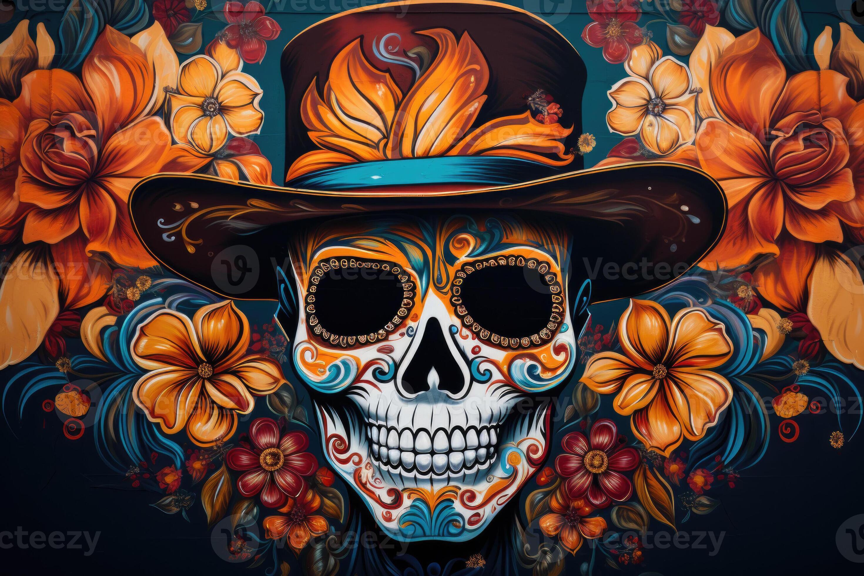 Street Mural Showcasing Day Of The Dead Artistry Background With Empty Street Mural Showcasing Day Of The Dead Artistry Background With Empty Space For Text Photo