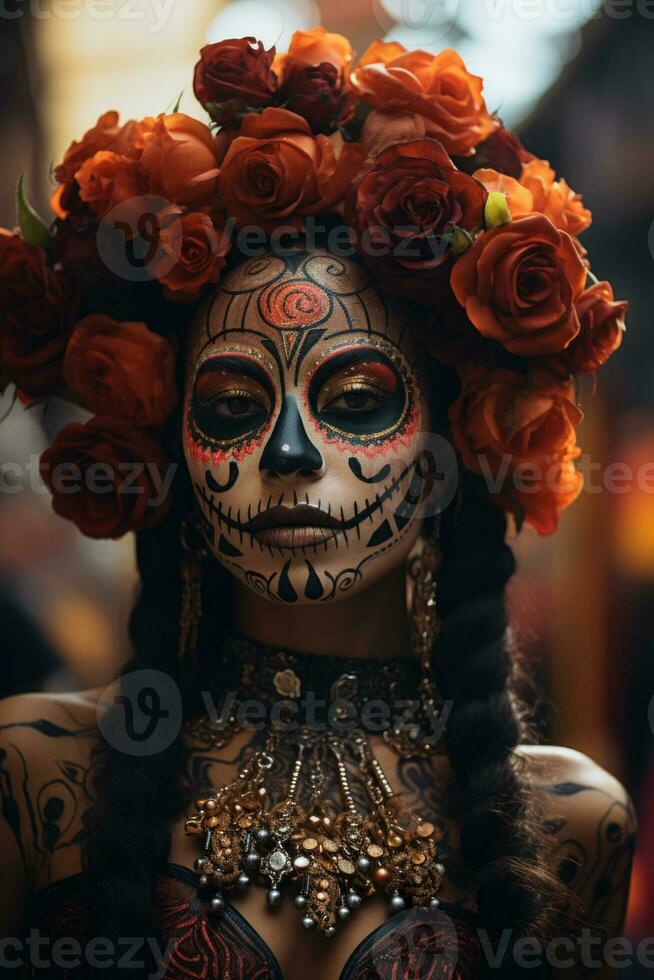 Woman adorned with vivid sugar skull makeup during Day of the Dead festivity photo