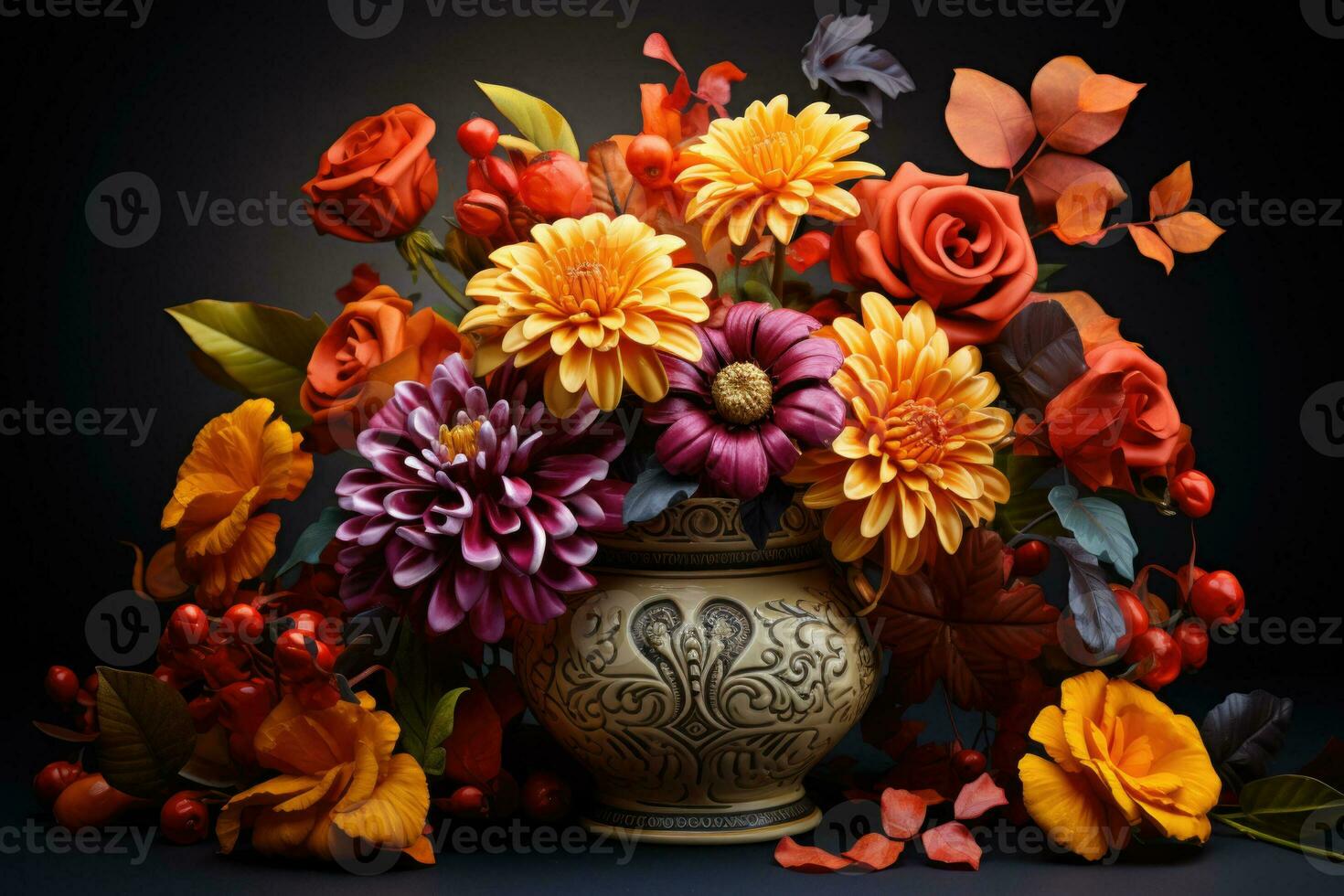 Colorful marigold flower arrangements for Day of the Dead isolated on a gradient background photo