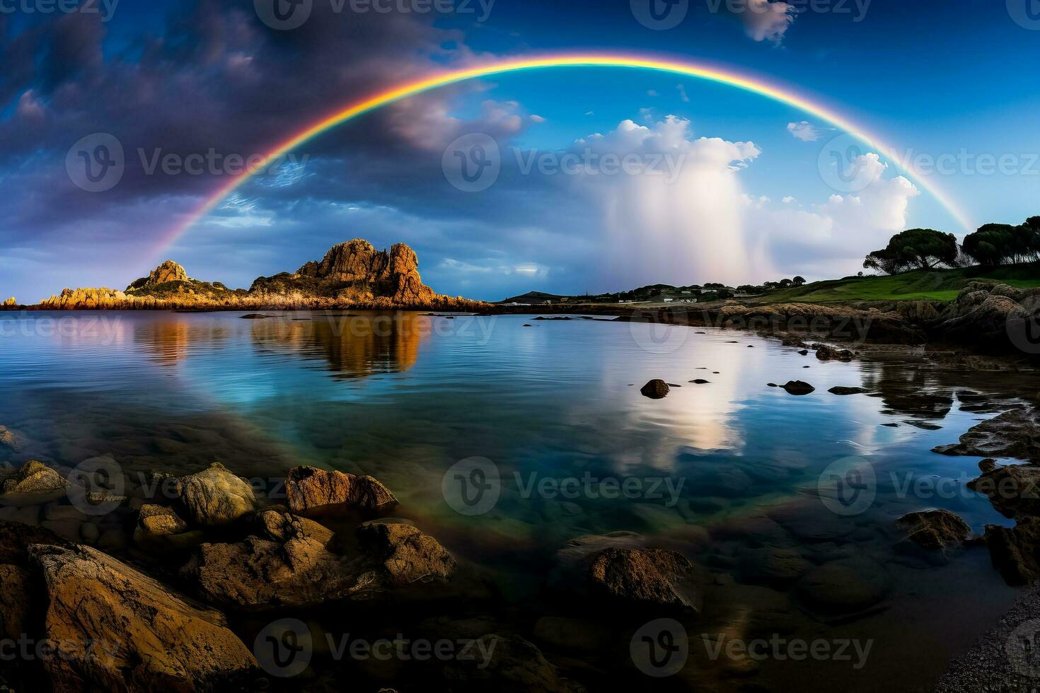 A magnificent moonbow arcs over a serene coastal landscape casting a colorful reflection on the glistening waters photo