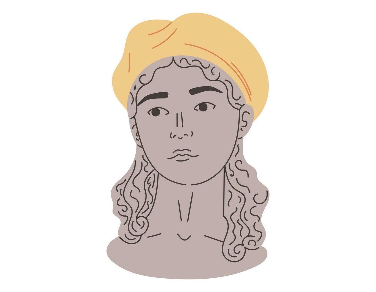 Female mythical goddess, antique flat head. Gypsum stone Greek woman statue with beret headdress. Vector isolated cartoon illustration.