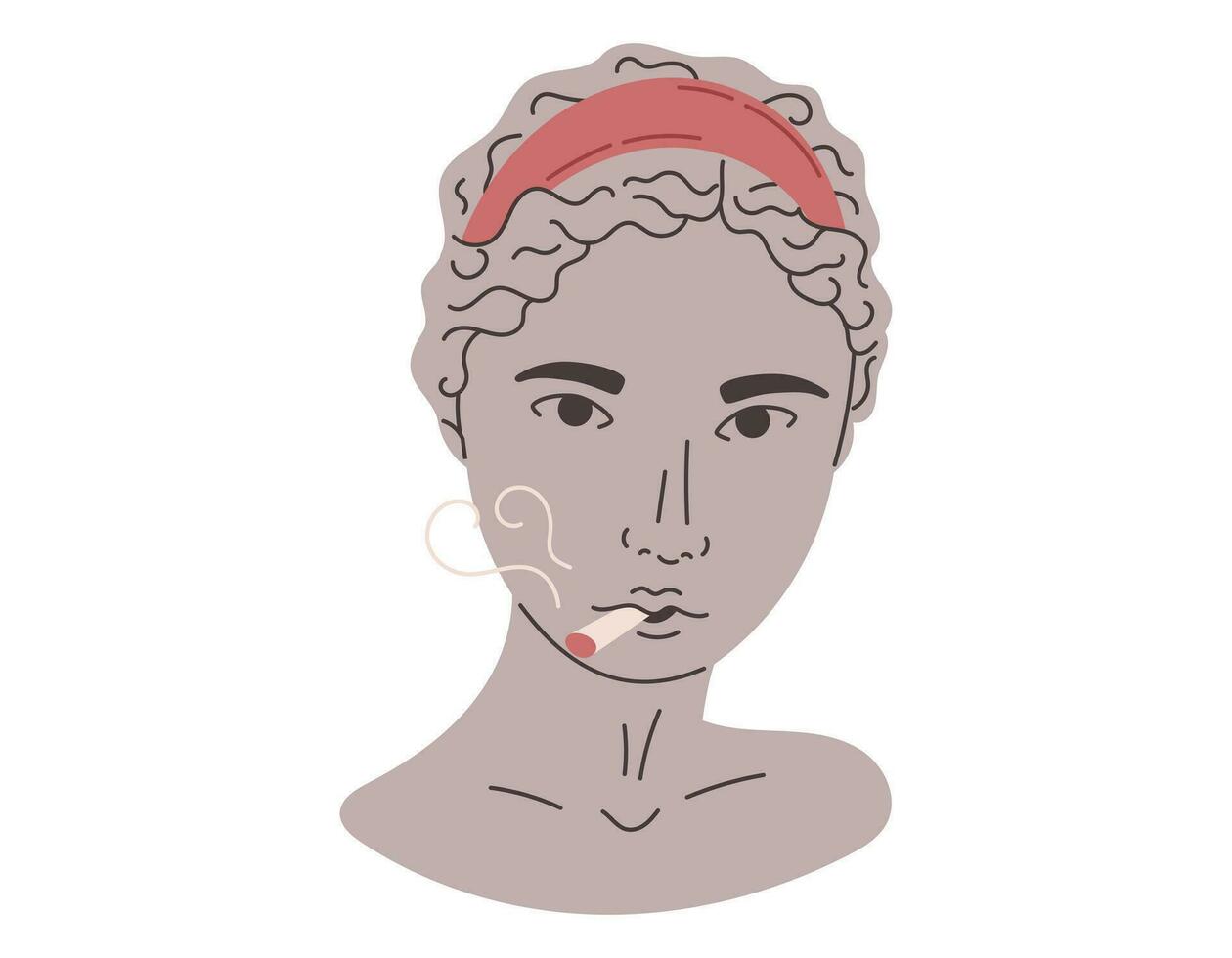 Female mythical antique flat head. Gypsum stone woman Greek statue with cigarette. Vector isolated cartoon illustration.