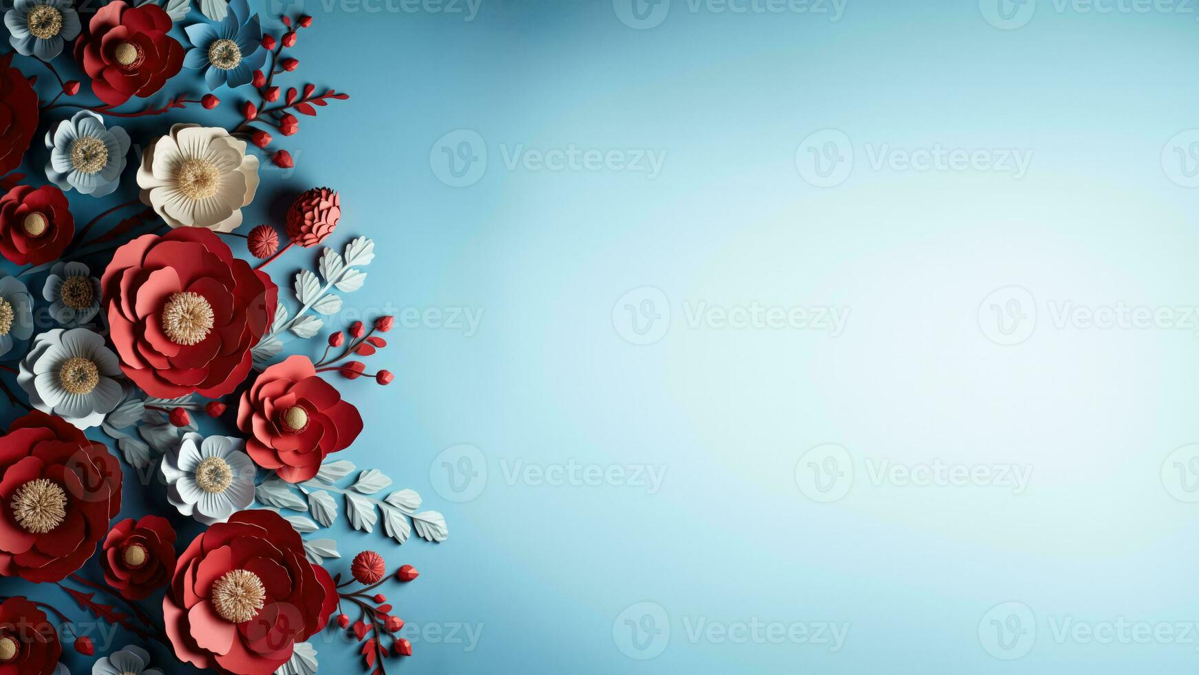 Commemorative wreaths and poppies for Veterans Day isolated on a soft blue gradient background photo