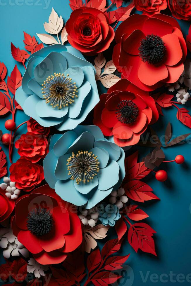 Commemorative wreaths and poppies for Veterans Day isolated on a soft blue gradient background photo