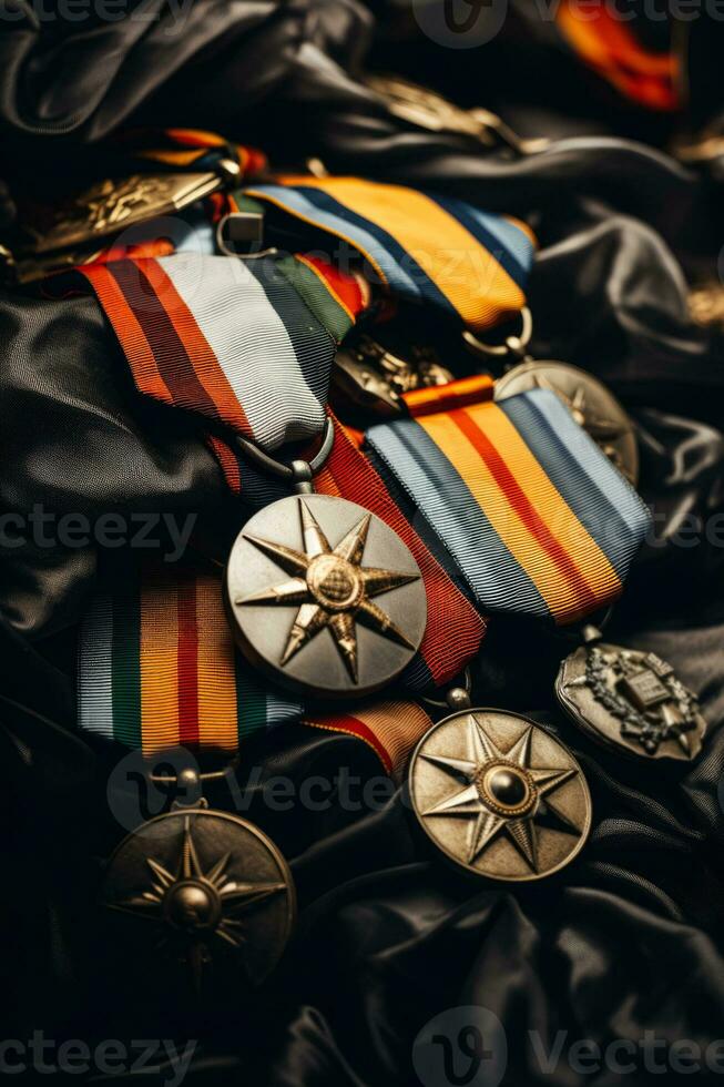 Close up images of war medals military insignia background with empty space for text photo