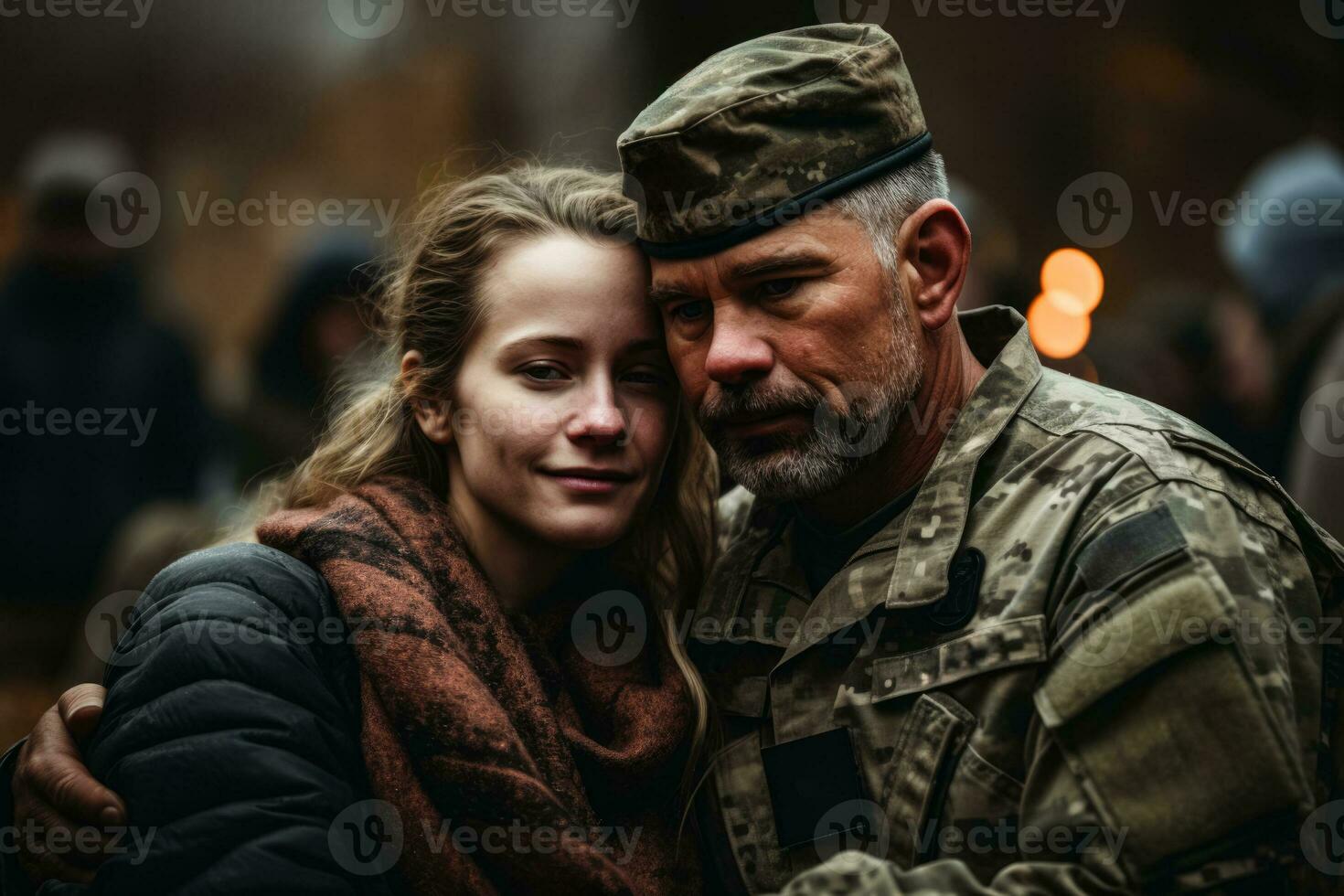 Tearful family reunions with veterans on Veterans Day background with empty space for text photo