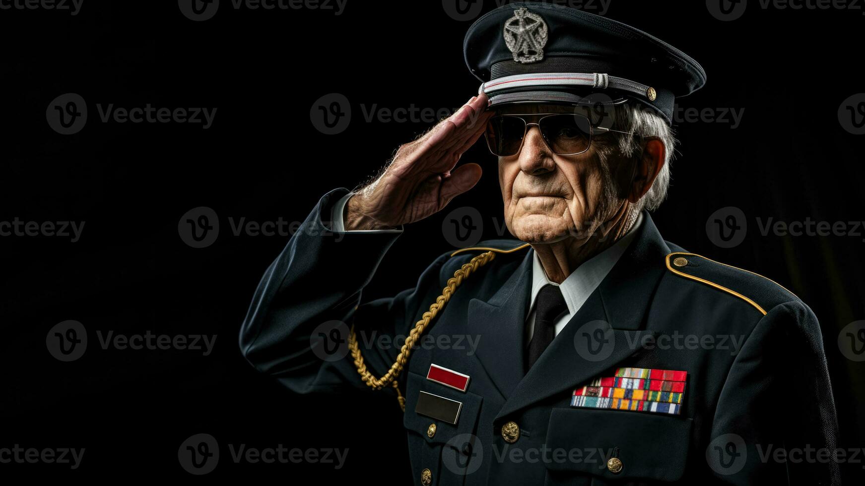 A decorated veteran in uniform saluting isolated on a grayscale gradient background photo