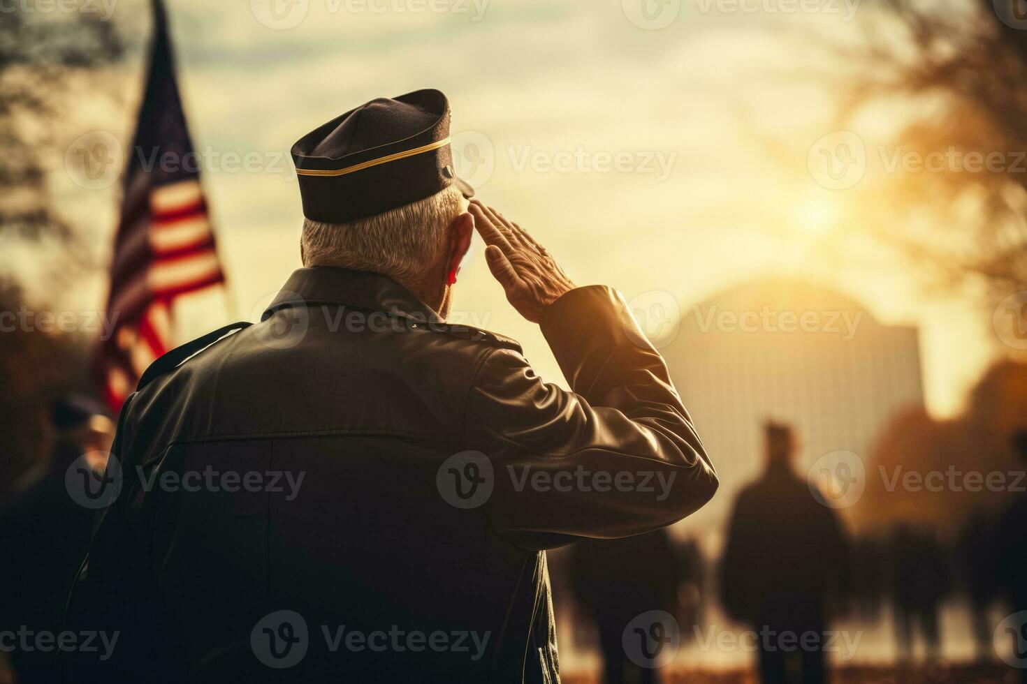 Patriotic veterans saluting in front of iconic US landmarks background with empty space for text photo