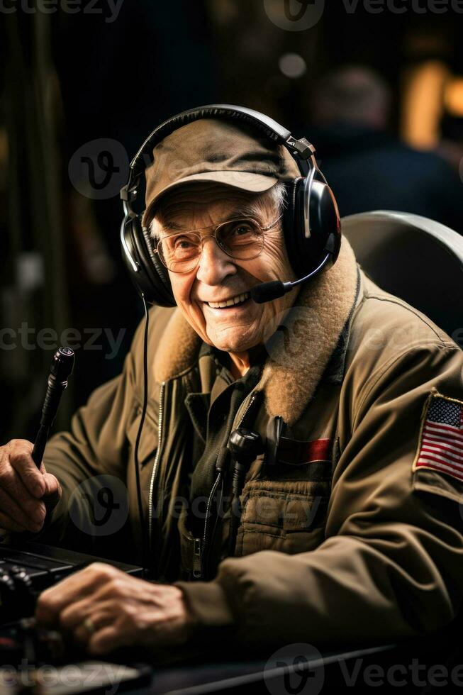 Elderly WWII veterans animatedly narrating war stories on Veterans Day photo