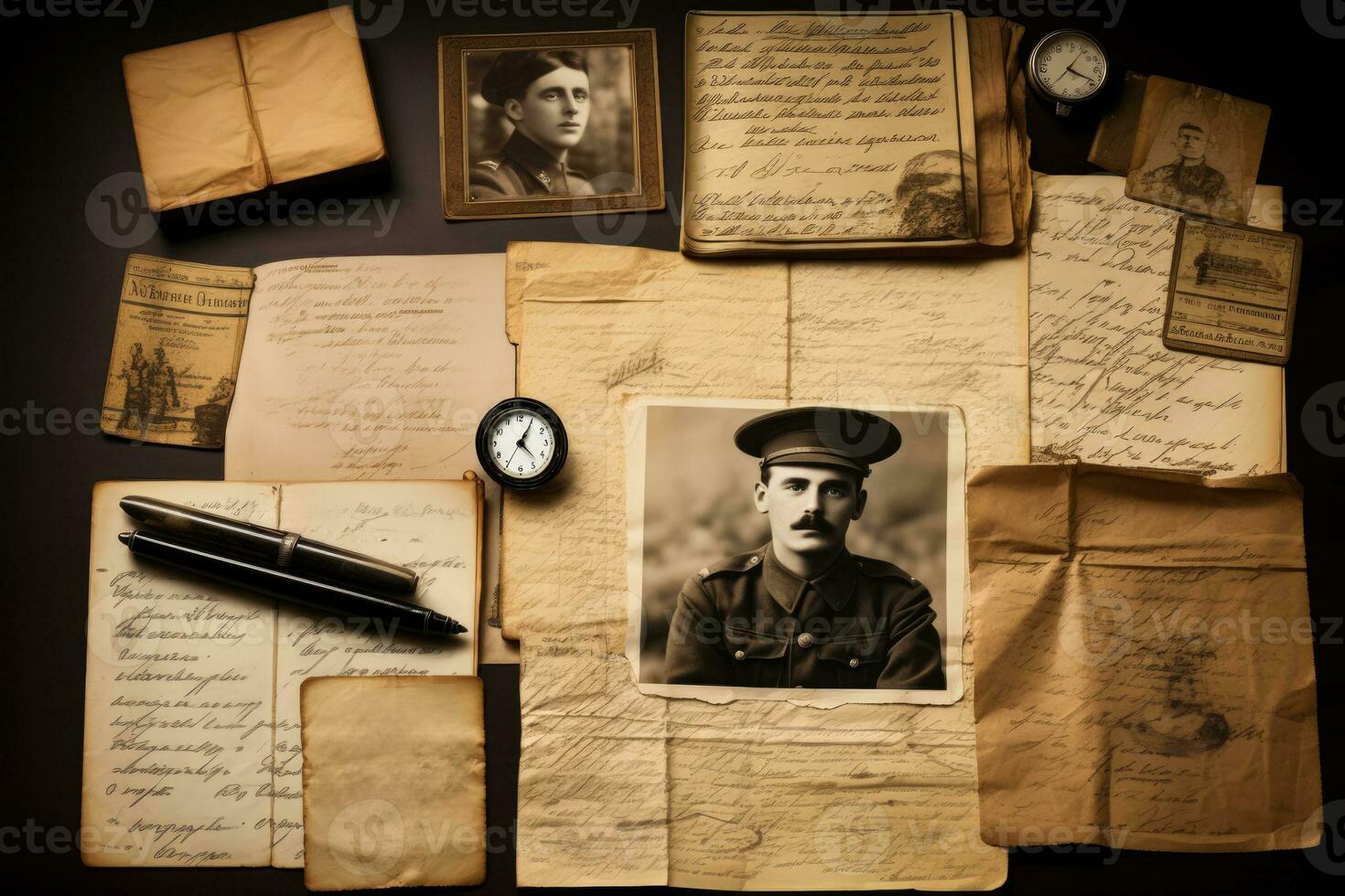 Handwritten letters and postcards from veterans isolated on a nostalgic gradient background photo