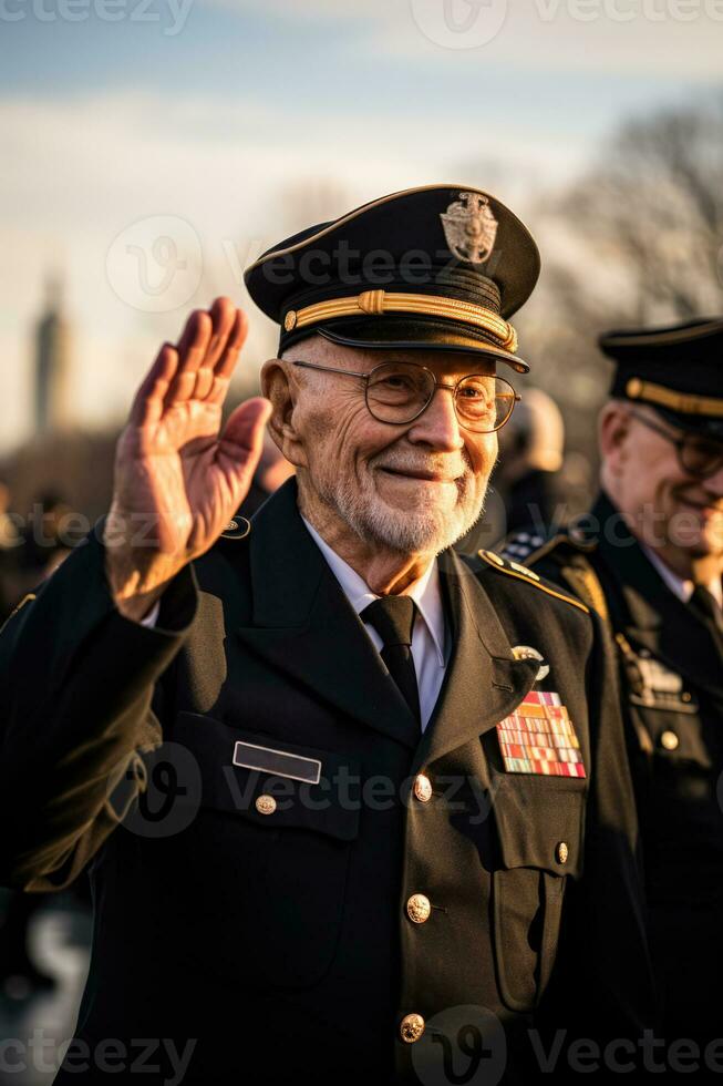Veterans in uniform saluting proudly against the backdrop of iconic US landmarks on Veterans Day photo
