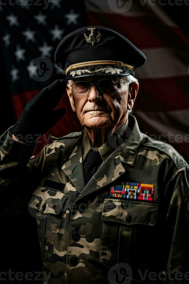 Decorated veterans in uniform saluting background with empty space for text photo