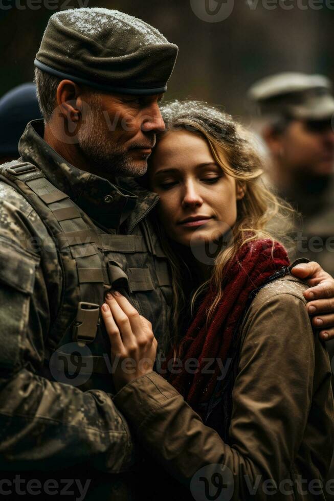 Tearful family reunions with veterans on Veterans Day background with empty space for text photo