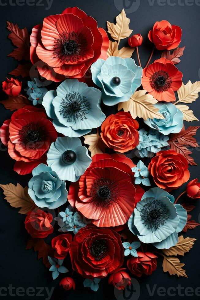 Commemorative wreaths and poppies for Veterans Day isolated on a soft blue gradient background photo