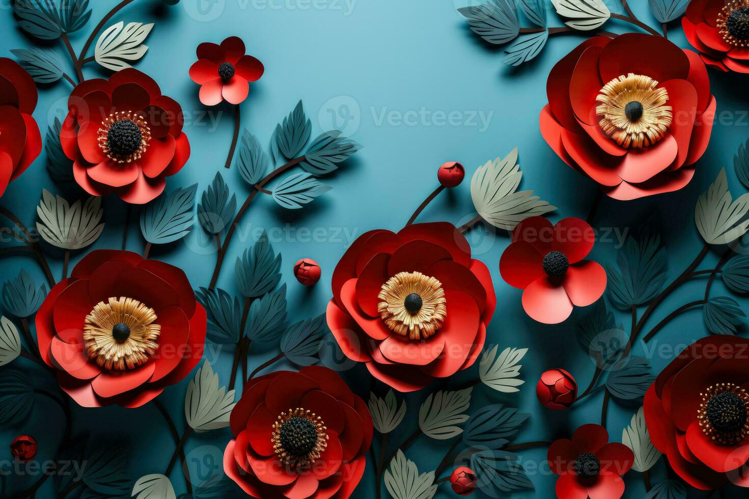Commemorative wreaths and poppies for Veterans Day isolated on a soft blue gradient background photo
