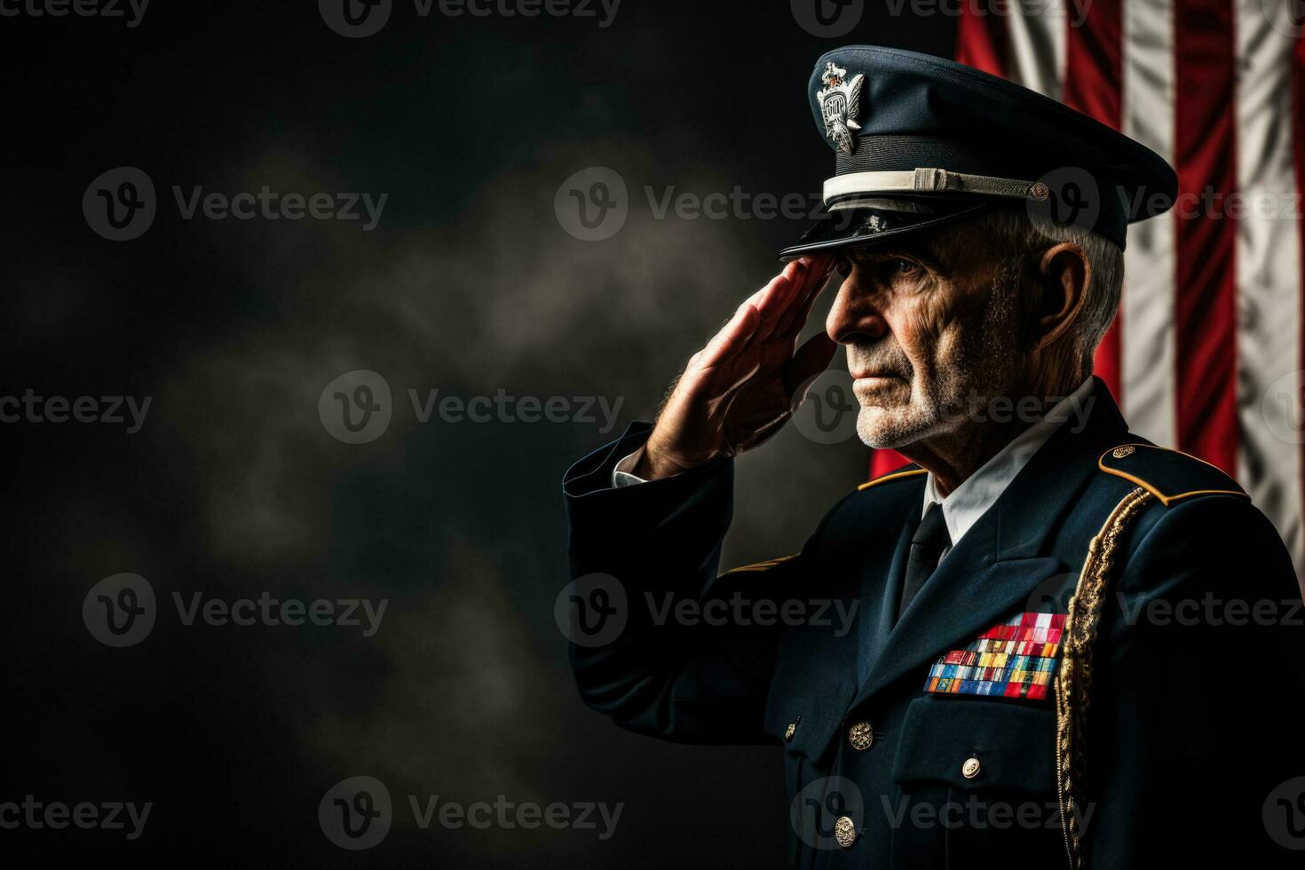 Decorated veterans in uniform saluting background with empty space for text photo