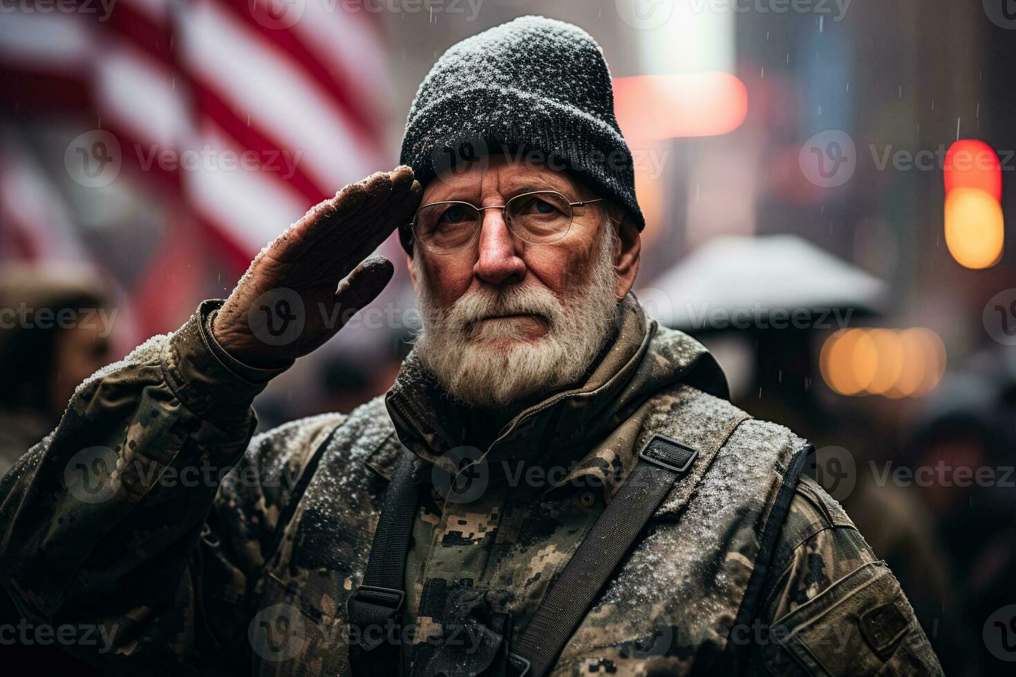 Veterans saluting resolutely against US landmarks on a poignant Veterans Day photo