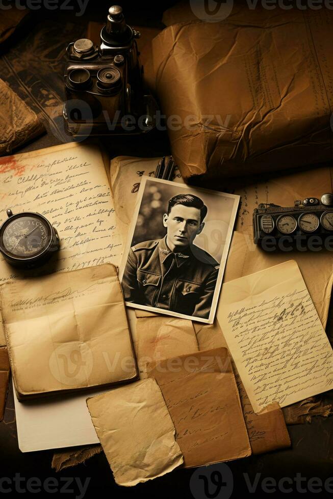 Handwritten letters and postcards from veterans isolated on a nostalgic gradient background photo