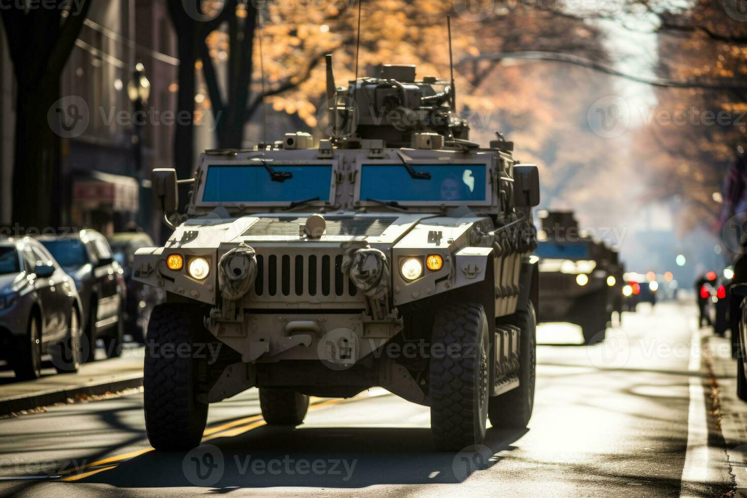 Dramatic snapshots of veterans marching resolutely in Veterans Day parade with military vehicles photo