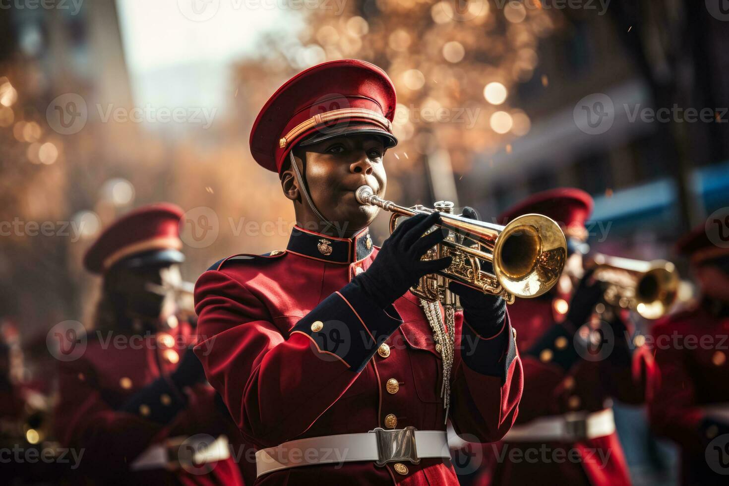 Marching band at a Veterans Day parade isolated on a vibrant gradient background photo