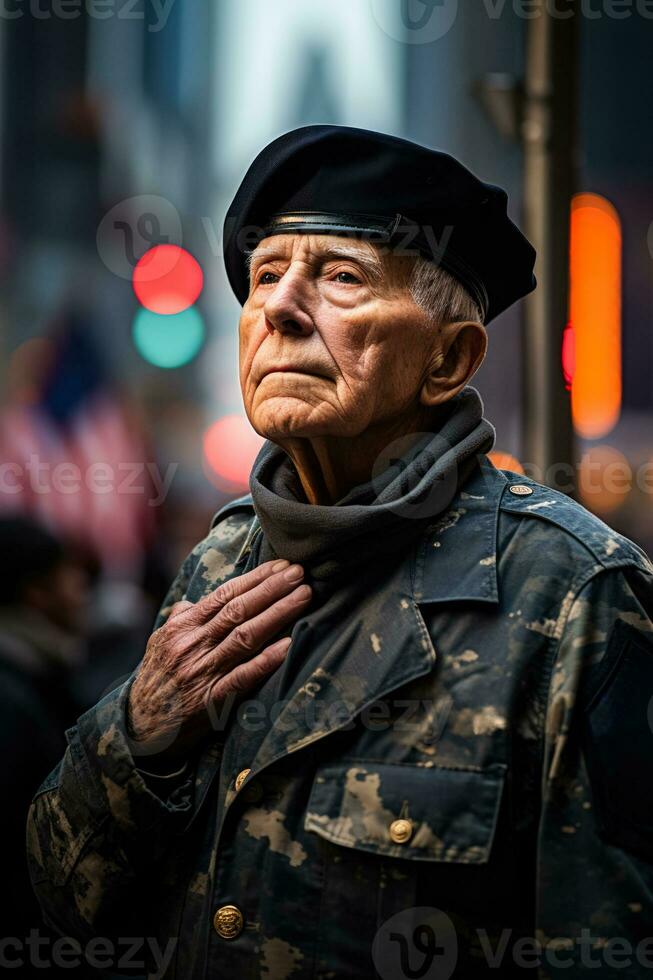 Veterans saluting resolutely against US landmarks on a poignant Veterans Day photo