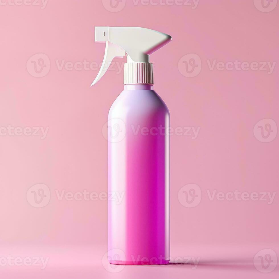 A vibrant disinfectant spray bottle isolated on a pink gradient background photo