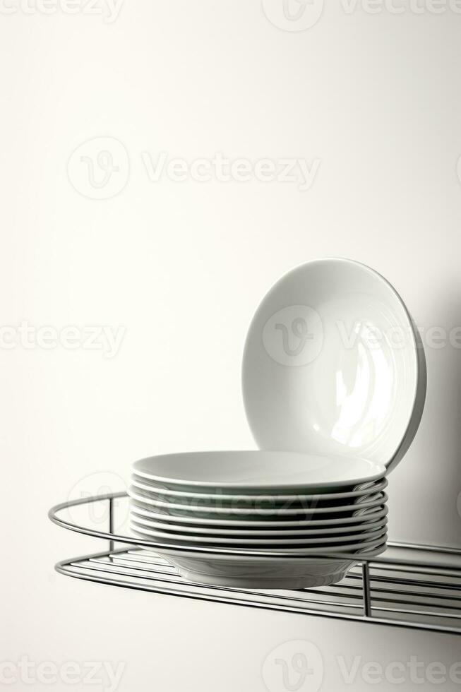 Abstract bent wire dish rack on white minimalist elegance background with empty space for text photo