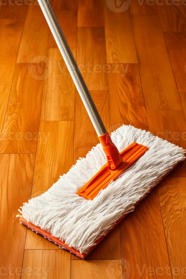 Hardwood floor mop with washable pad isolated on a brown gradient background photo