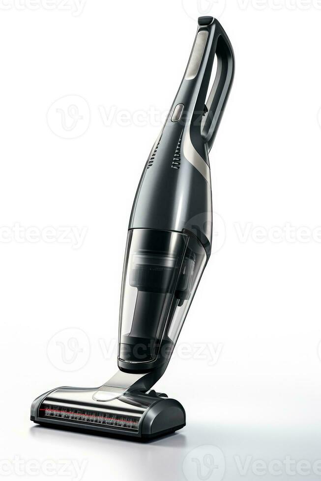Sleek metal handheld vacuum cleaner presenting minimalistic design isolated on a white background photo