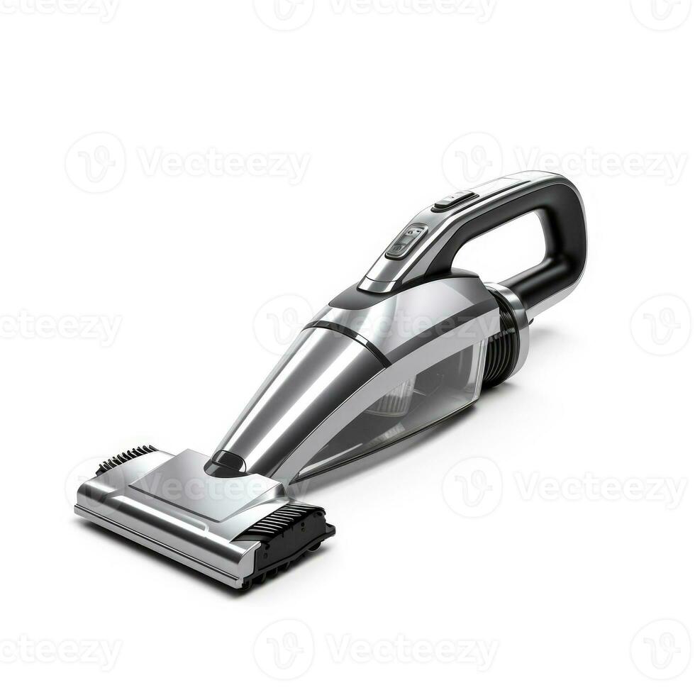 Sleek metal handheld vacuum cleaner presenting minimalistic design isolated on a white background photo