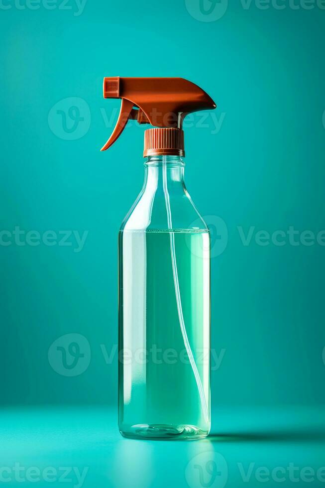 Pet stain and odor remover spray bottle isolated on a teal gradient background photo