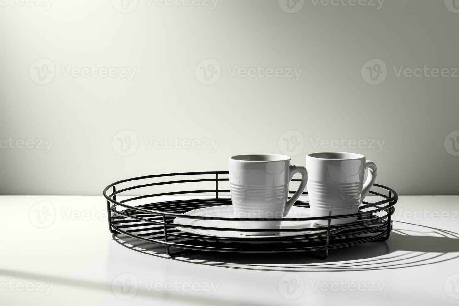 Abstract bent wire dish rack on white minimalist elegance background with empty space for text photo