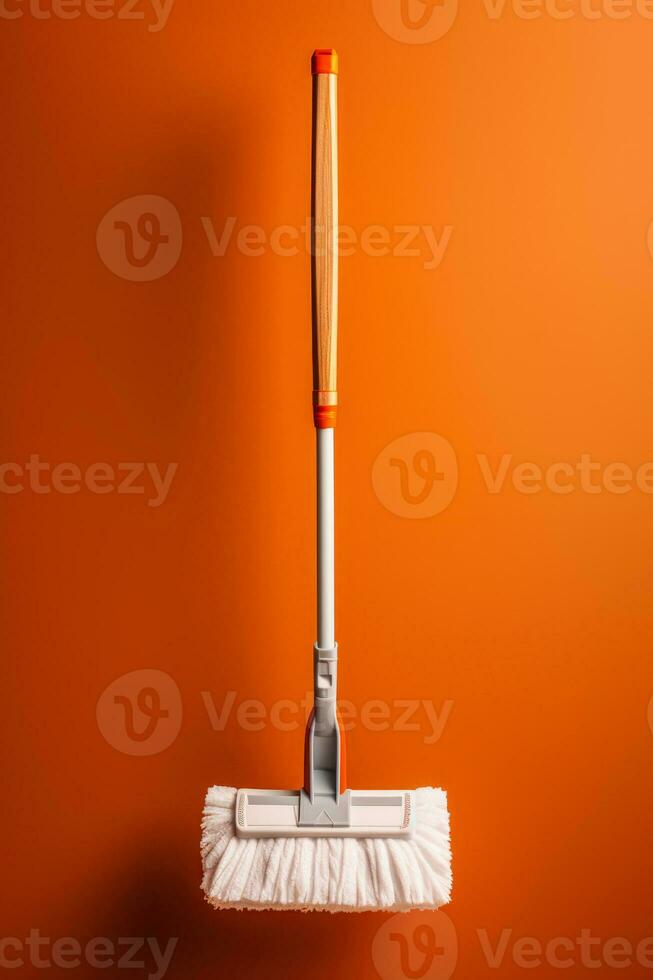 Hardwood floor mop with washable pad isolated on a brown gradient background photo