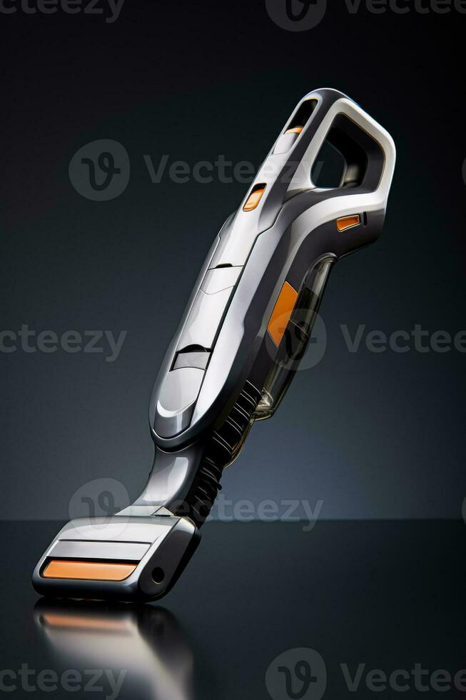 A sleek minimalist handheld vacuum cleaner isolated on a grey gradient background photo