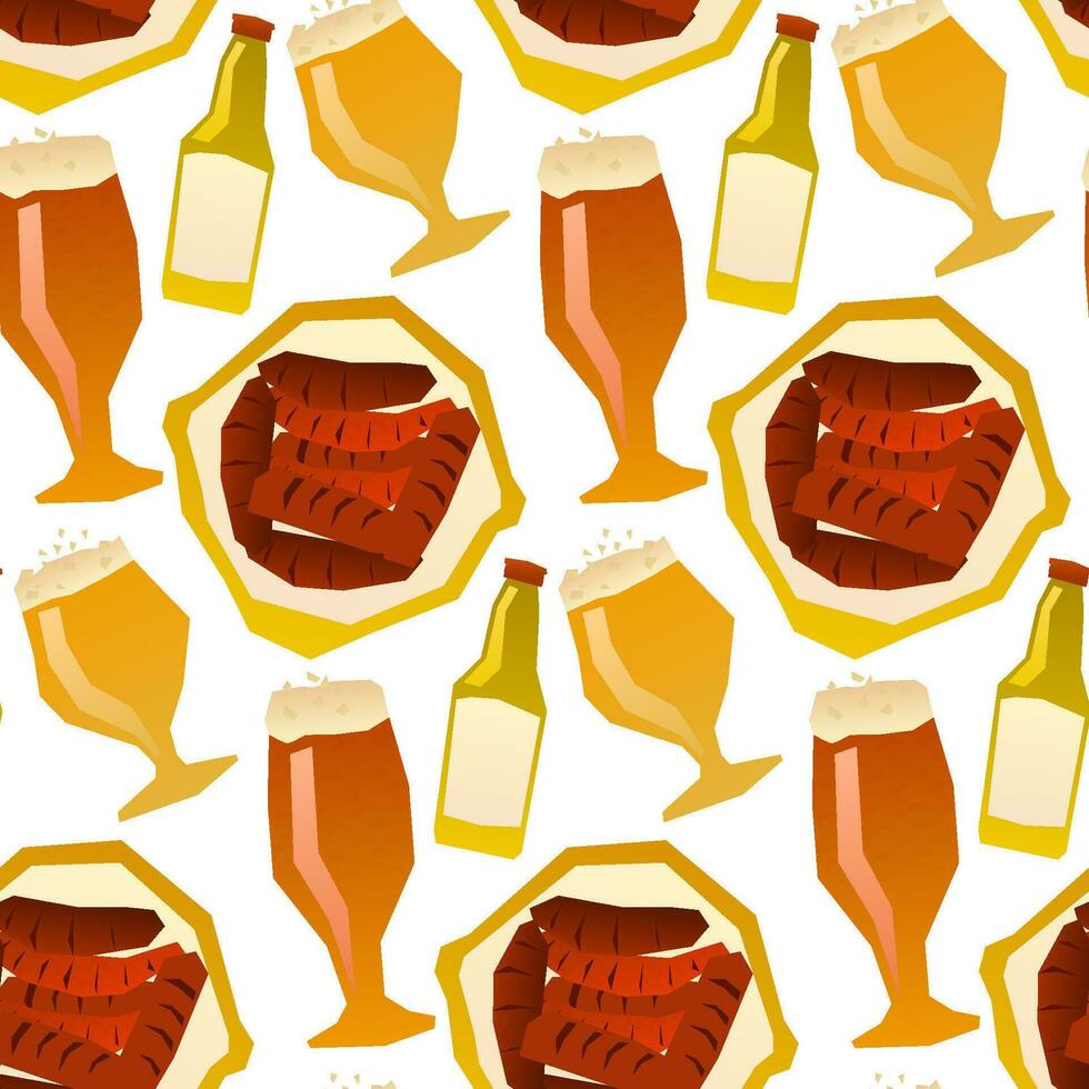 Patterning of draft beer mugs with foam on white background. Continuous repeat pattern vector