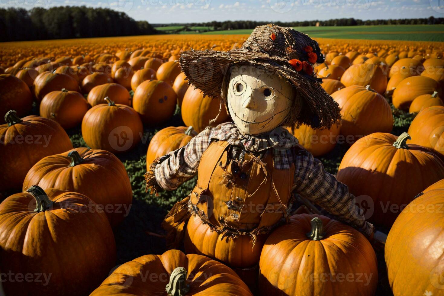 A Scarecrow In A Field Of Pumpkins. AI Generated photo