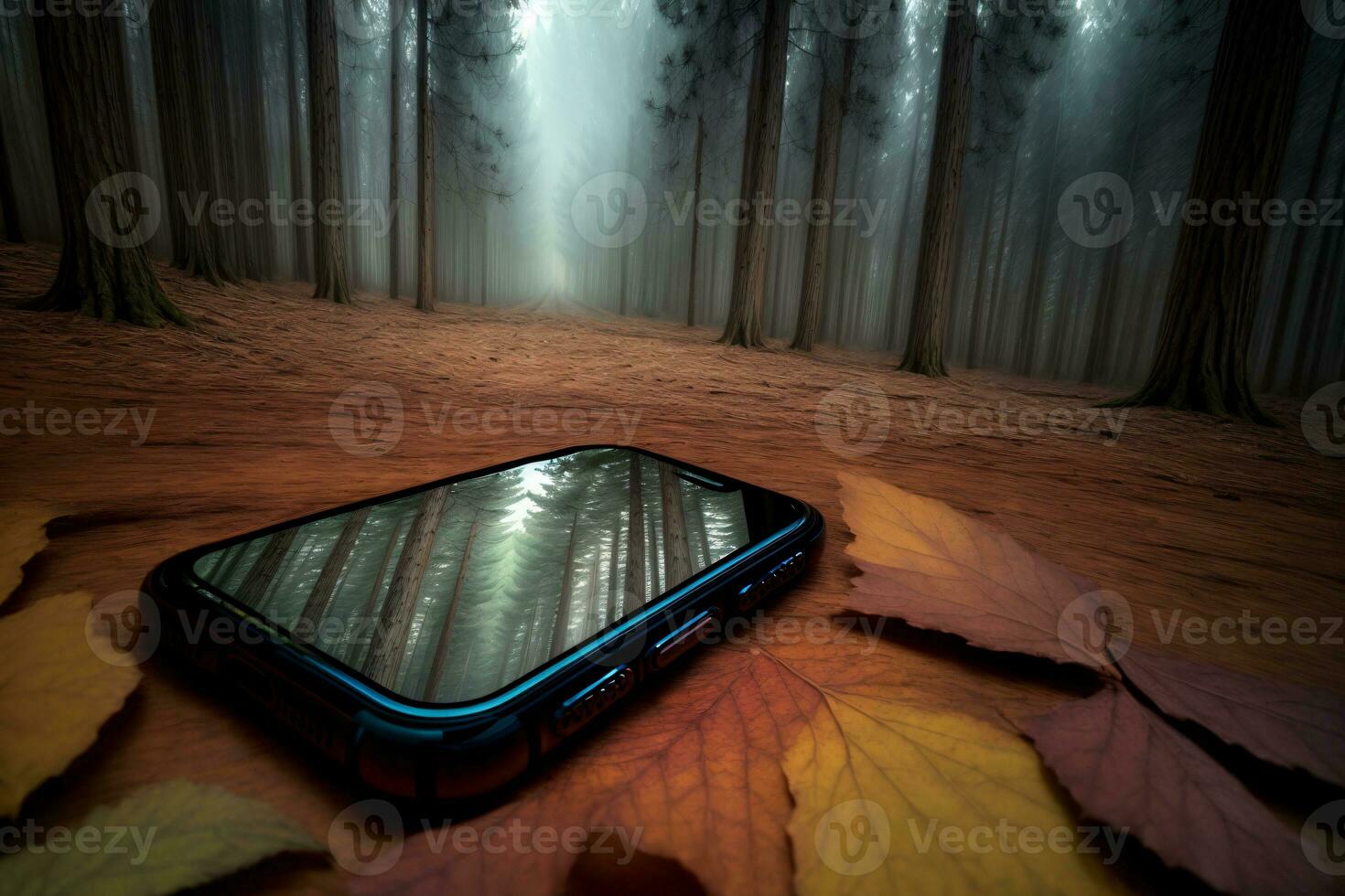 A Cell Phone Laying On Top Of A Leaf Covered Ground. AI Generated photo