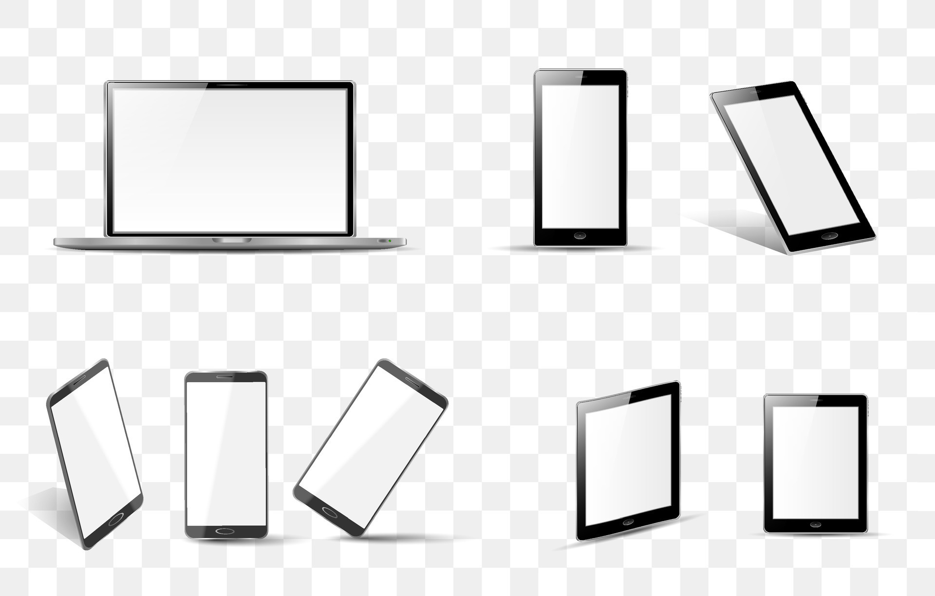 smartphone, tablet and laptop set with blank screen saver isolated on