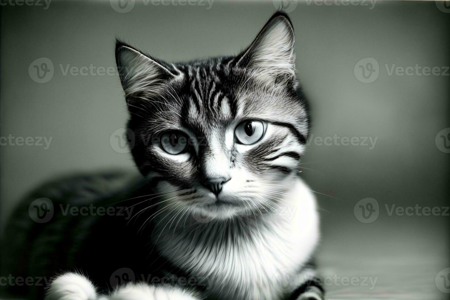 A Black And White Photo Of A Cat With Blue Eyes. AI Generated