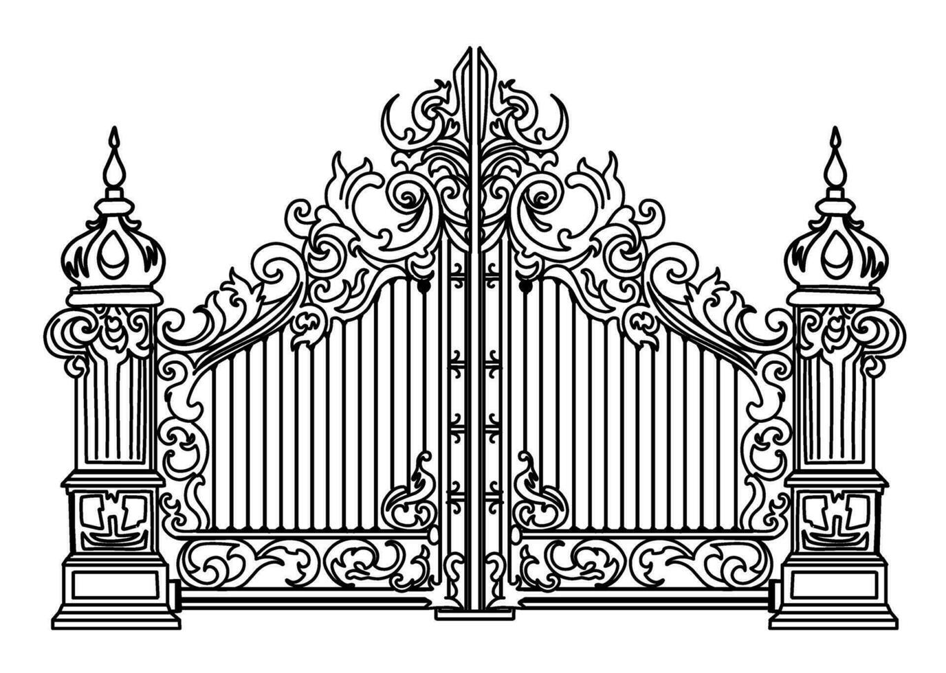Sketch of forged metal gates. Artistic forging double-leaf garden doors made of iron. vector