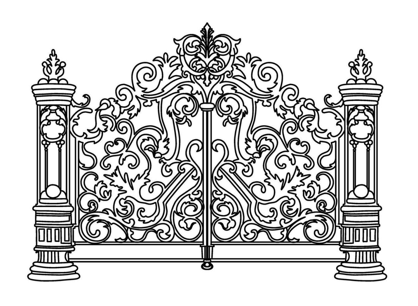 Sketch of forged metal gates. Artistic forging double-leaf garden doors made of iron. vector