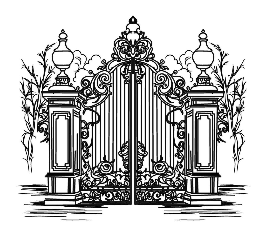 Sketch of forged metal gates. Artistic forging double-leaf garden doors made of iron. vector