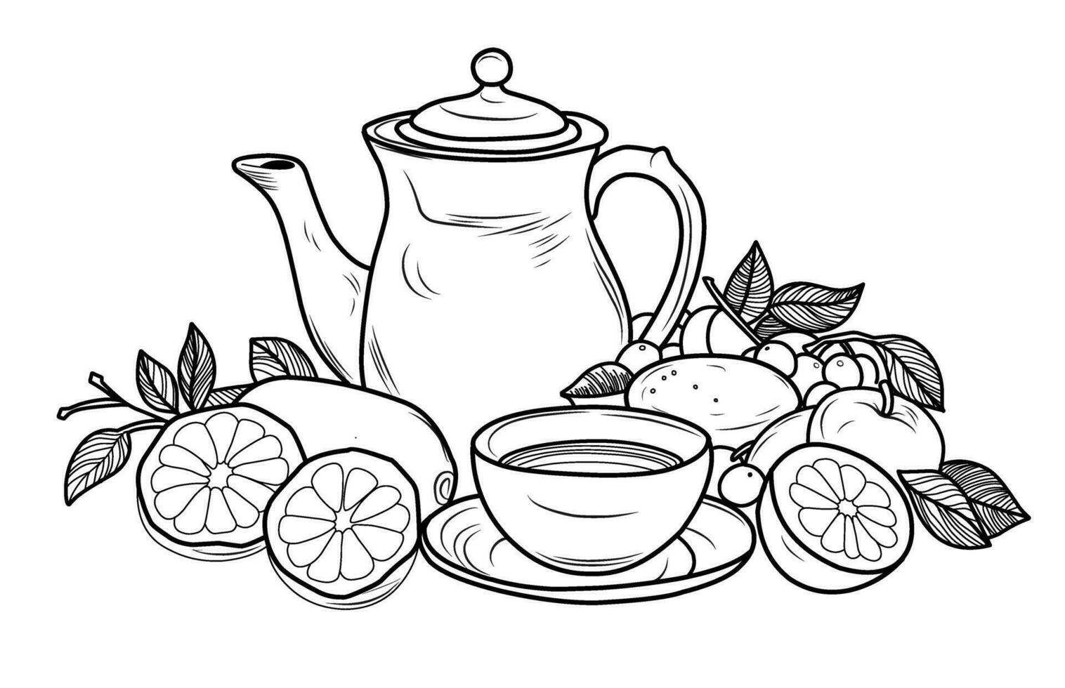 Teapot coloring page with cups of tea and lemon. Breakfast still life. vector
