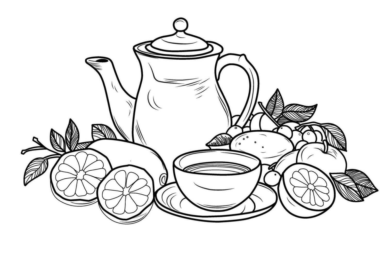 tetera colorante página con tazas de té y limón. desayuno todavía vida. vector