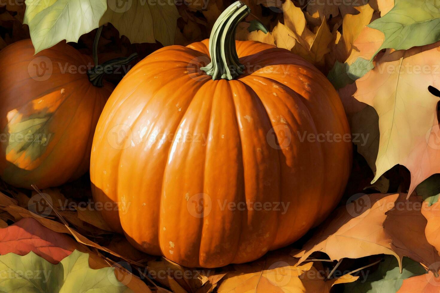 A Painting Of Two Pumpkins Surrounded By Leaves. AI Generated photo