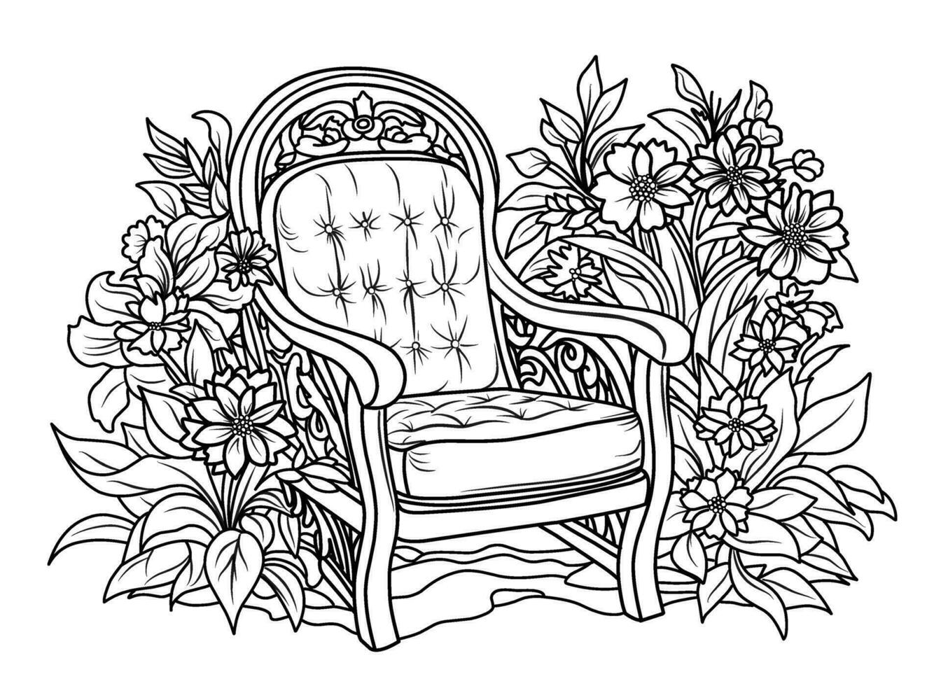 Coloring page of a beautiful romantic garden. Armchair in the garden among flowers vector